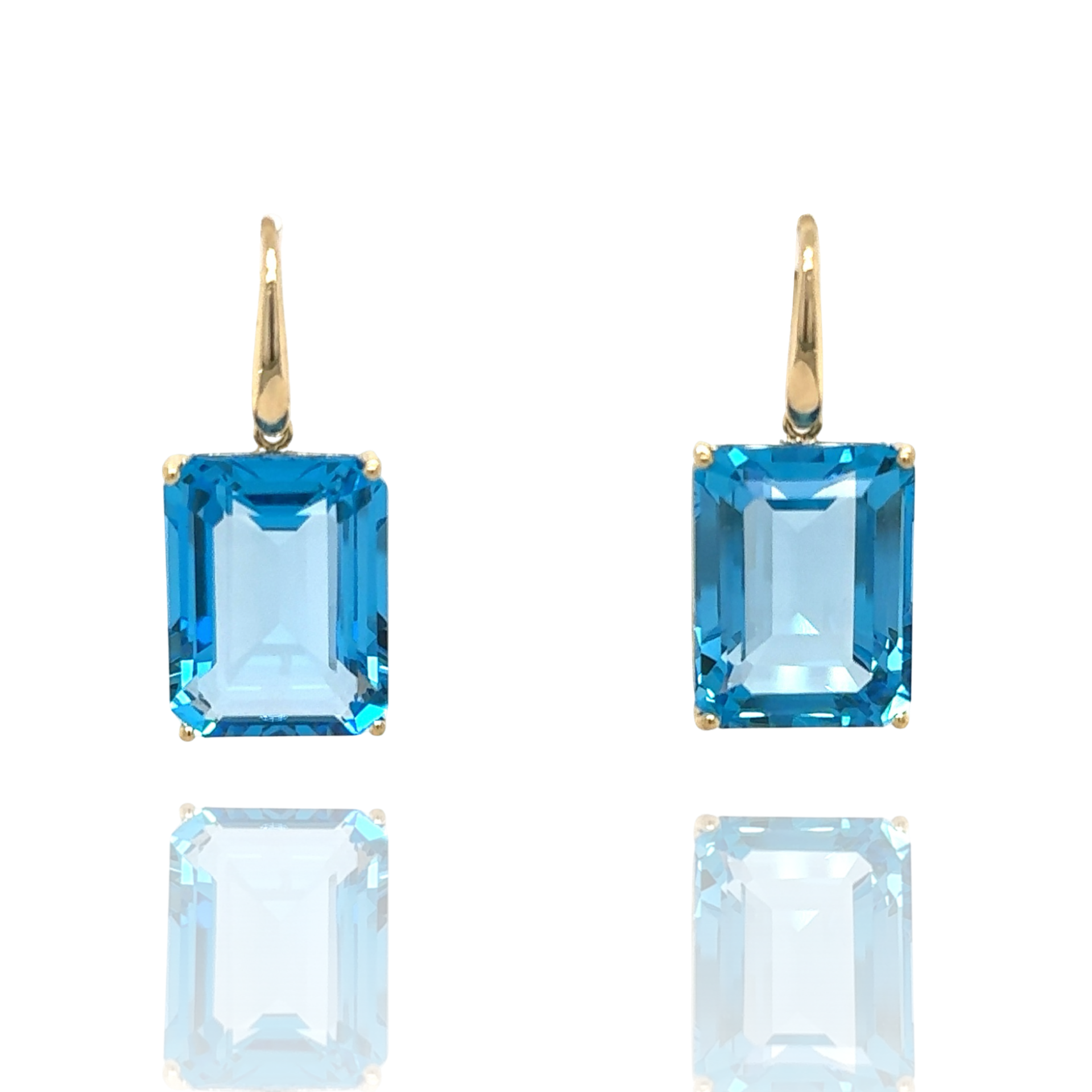 Gouden oorhaken met blauwe rechthoekige hangers