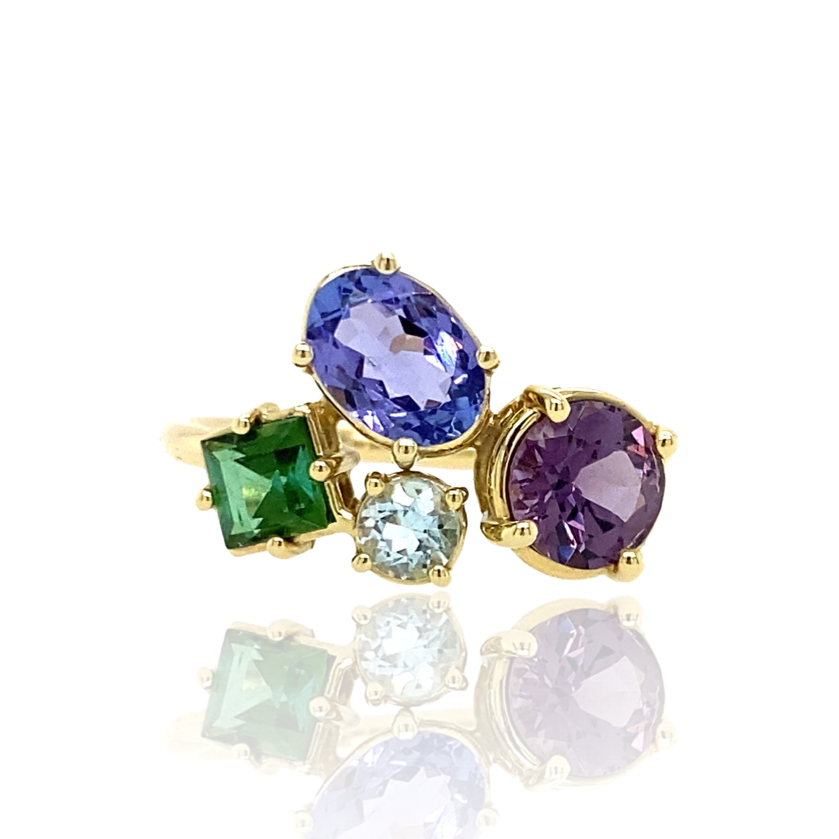 Mozaïek ring met Tanzaniet, Spinel, Toermalijn en Blauw Topaas in 14k geelgoud