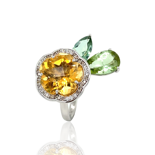 Unique flower ring set with Citrine, Green Tourmalines and Diamonds in White gold