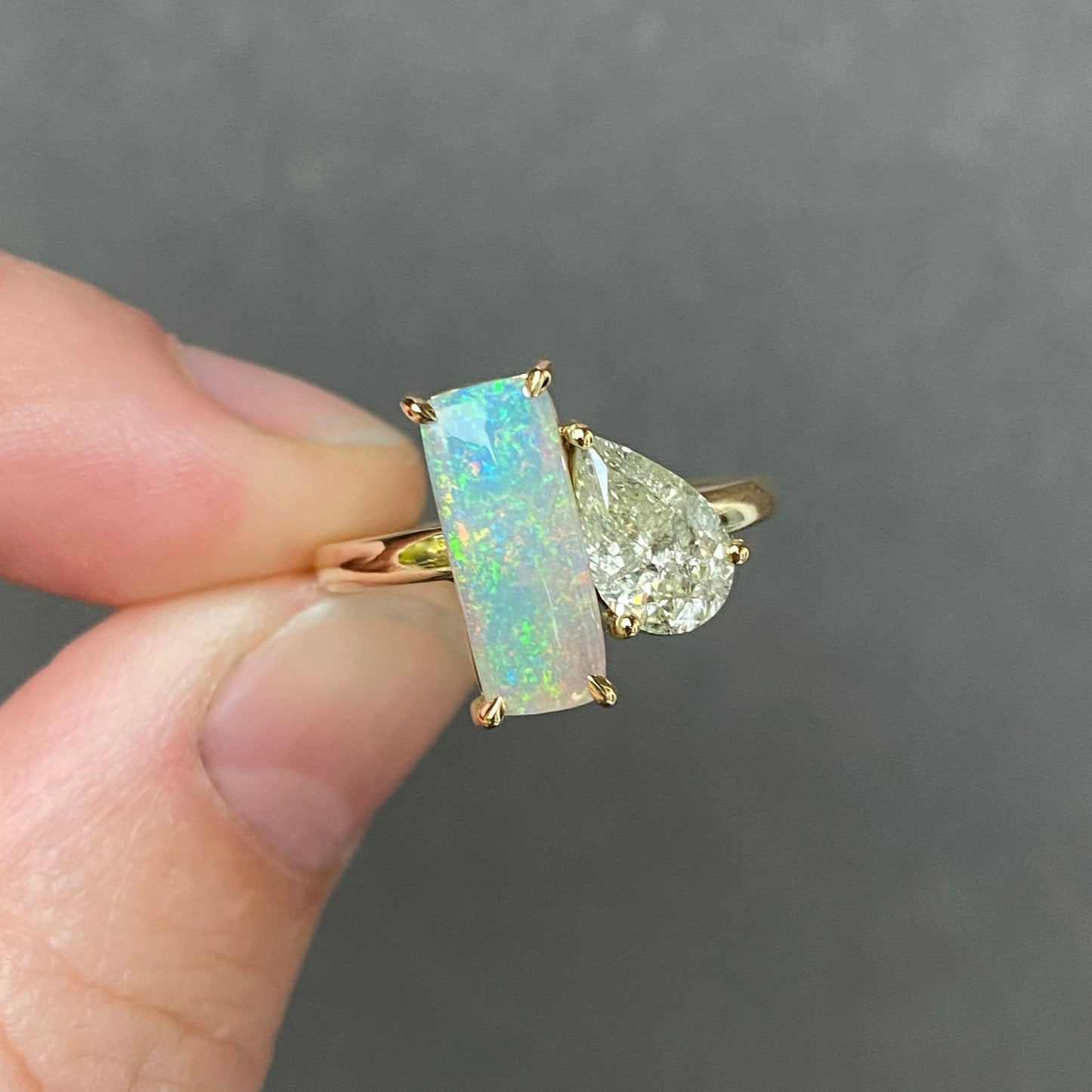 Toi et Moi ring Diamond and Australian Opal