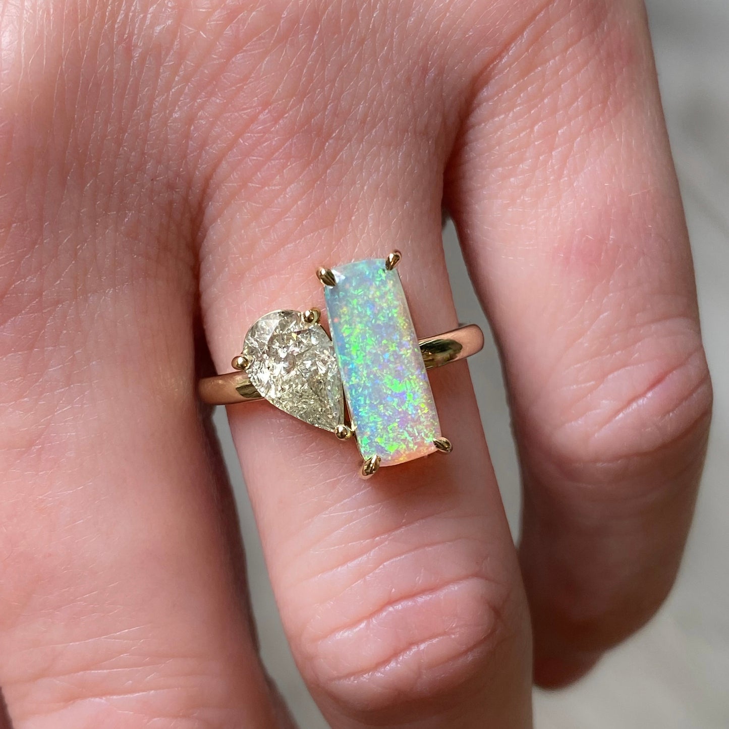 Toi et Moi ring Diamond and Australian Opal