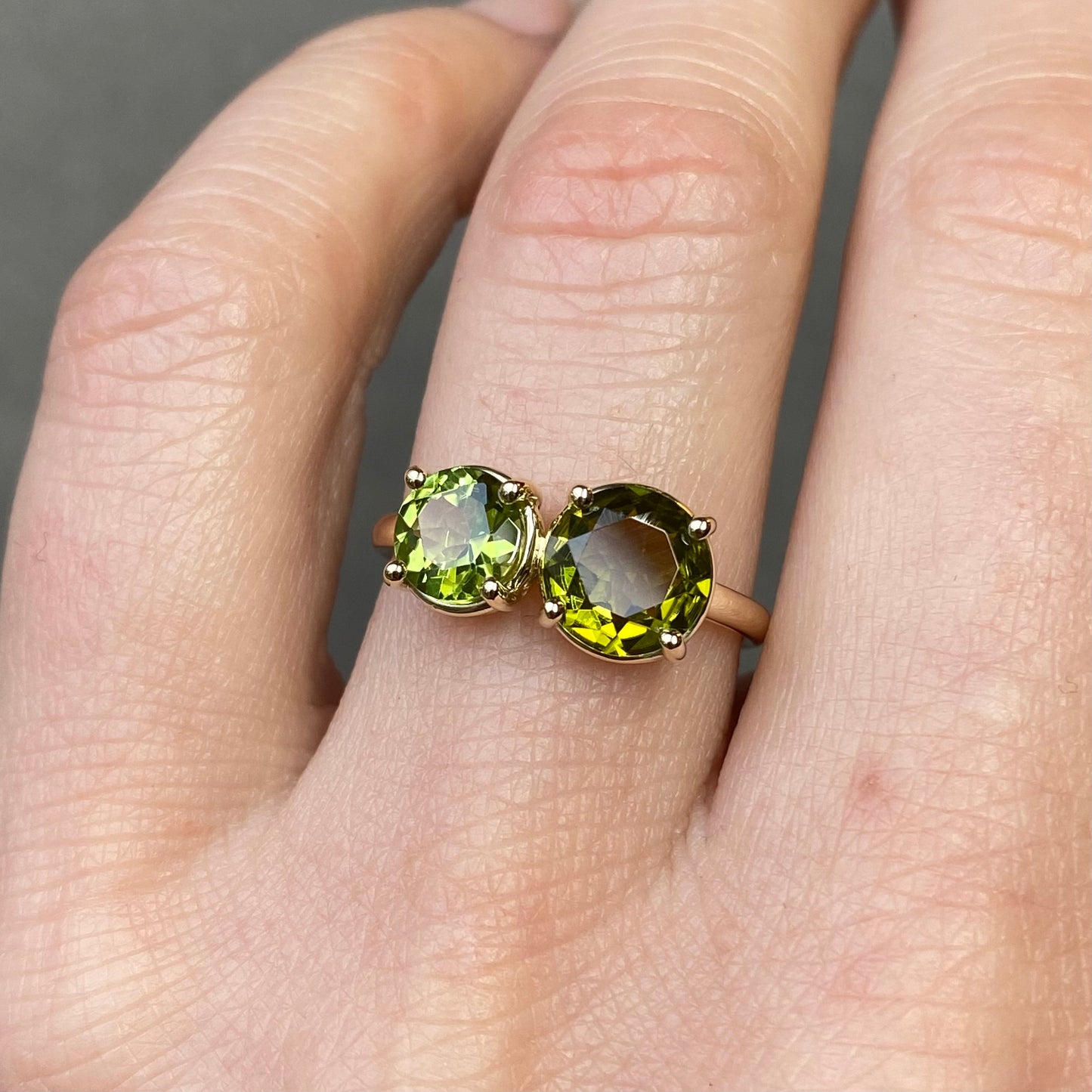 Toi et Moi ring in yellowgold with Green Tourmaline and Peridot