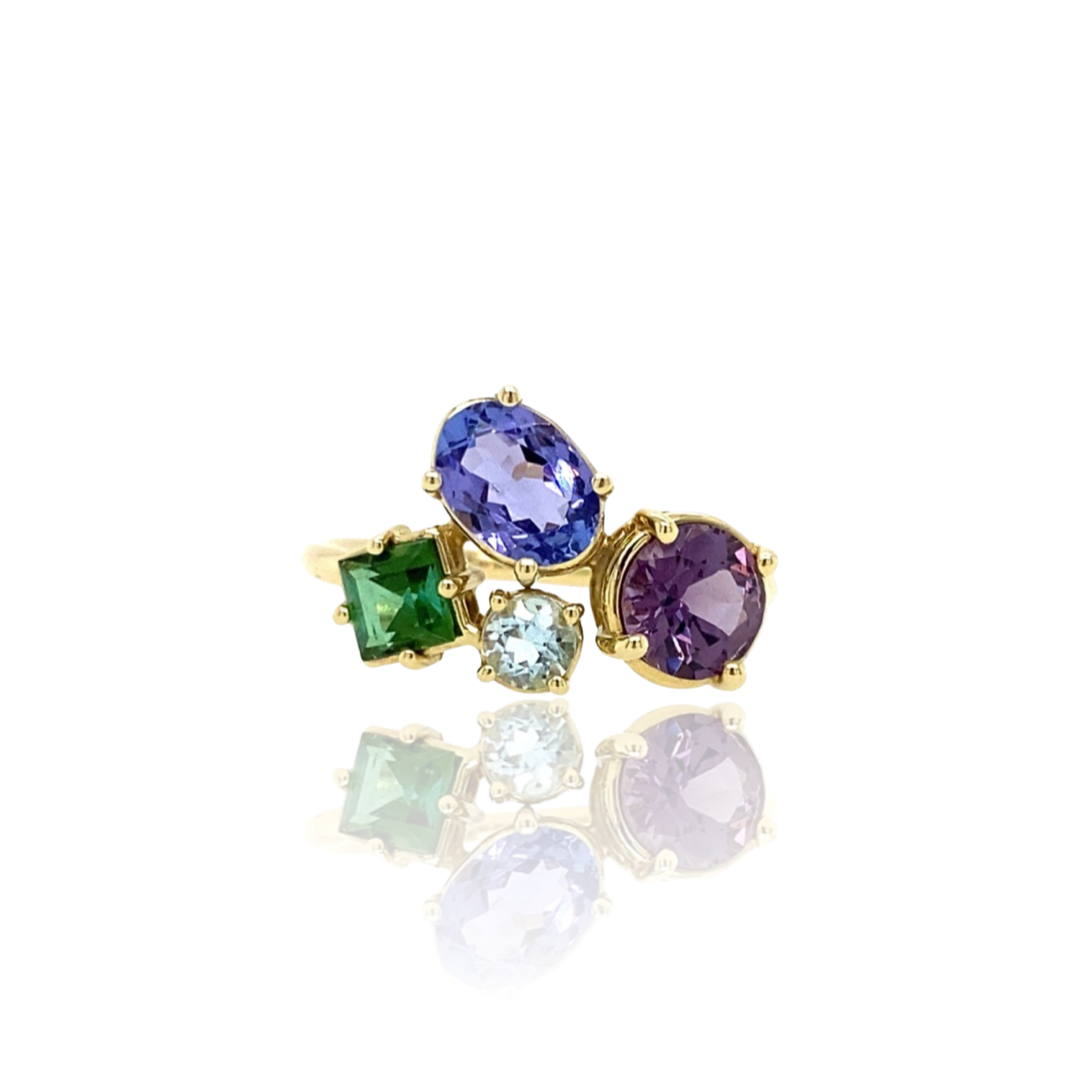 Mosaic ring with Tanzanite, Spinel, Tourmaline and Blue Topaz