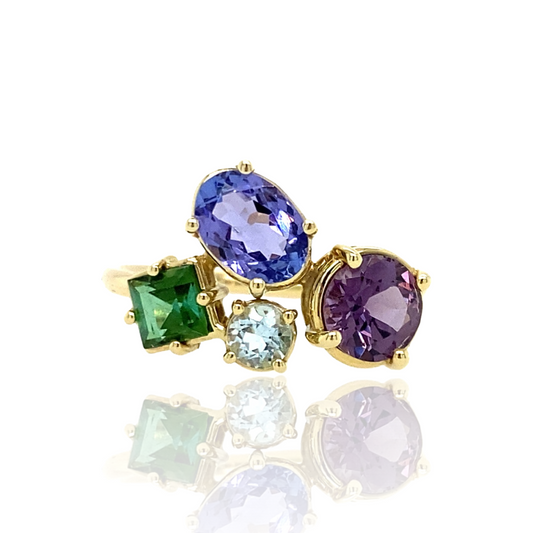 Mosaic ring with Tanzanite, Spinel, Tourmaline and Blue Topaz in 14k yellow gold