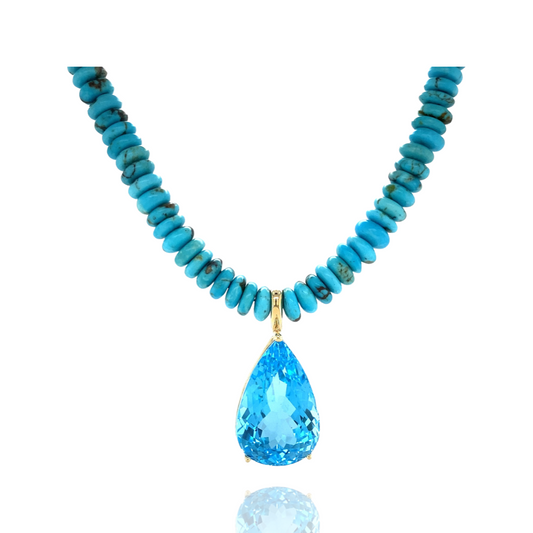 Blue topaz pendant in yellowgold with a turkoois necklace