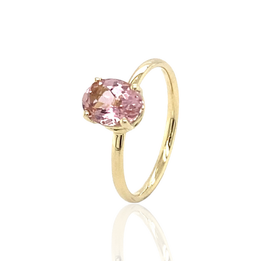 Stackable powder pink tourmaline in 14k yellow gold ring