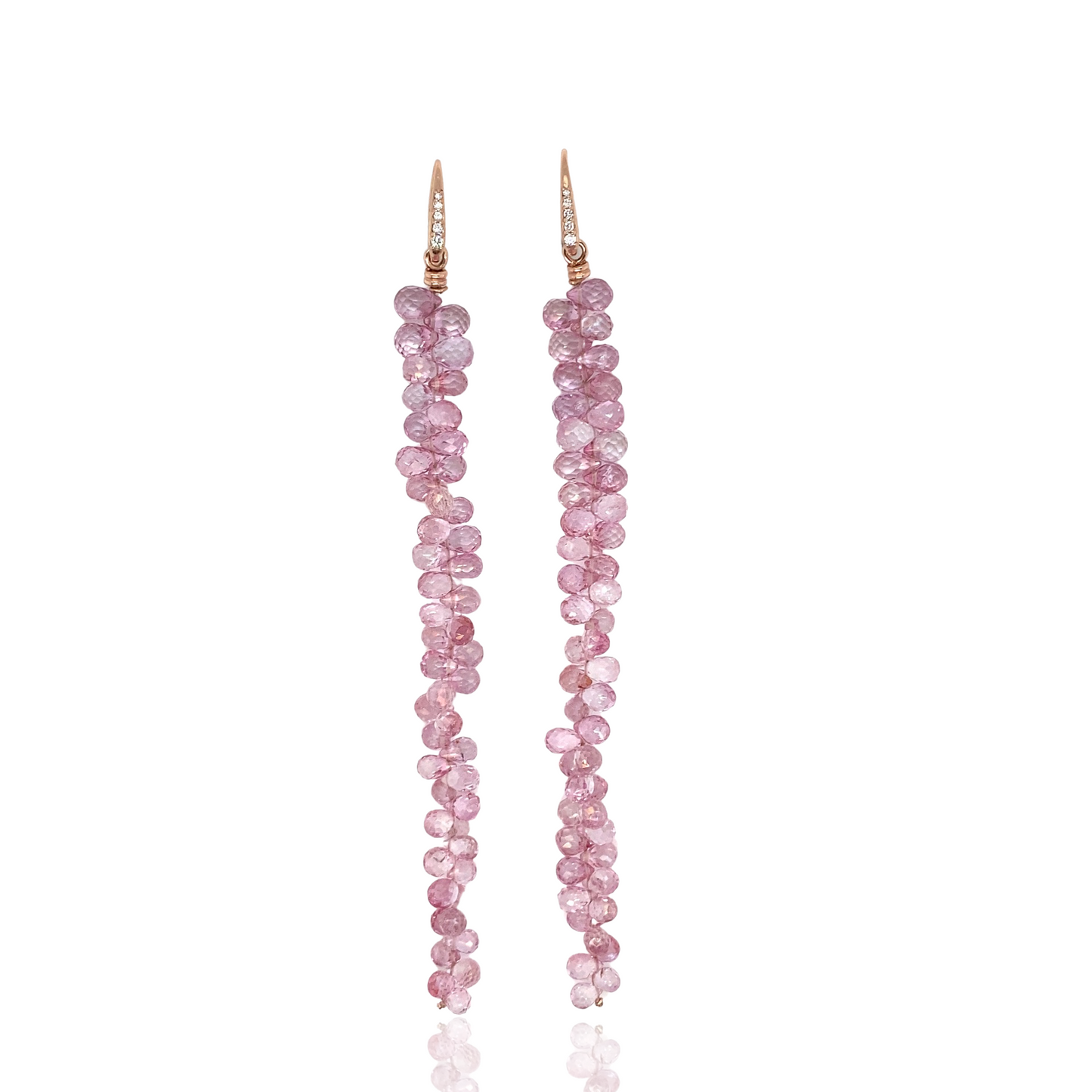 Pink topaz briolette shoulder sweepers earpendants set with diamonds