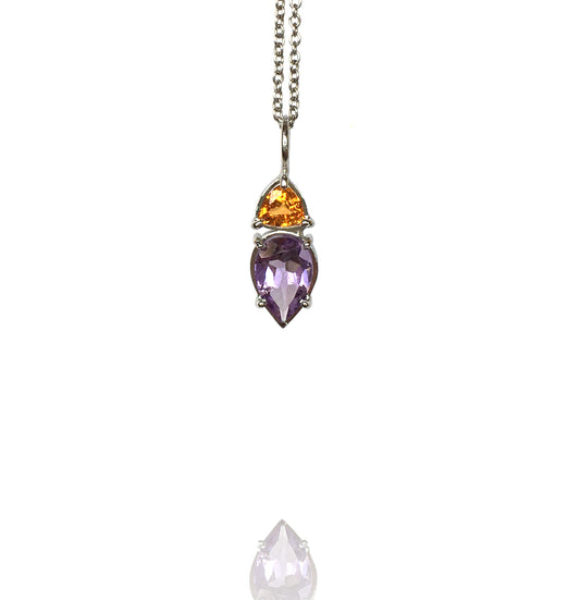 Pendant white gold with orange sapphire and amethist