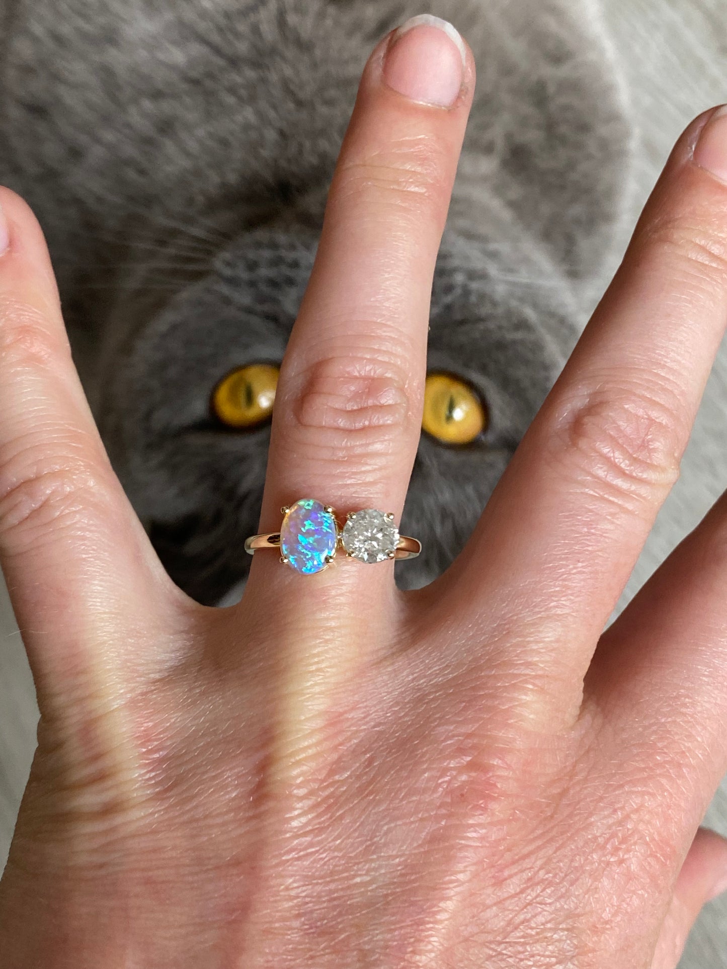 Toi et Moi ring Opaal en Diamant in 14k geelgoud 