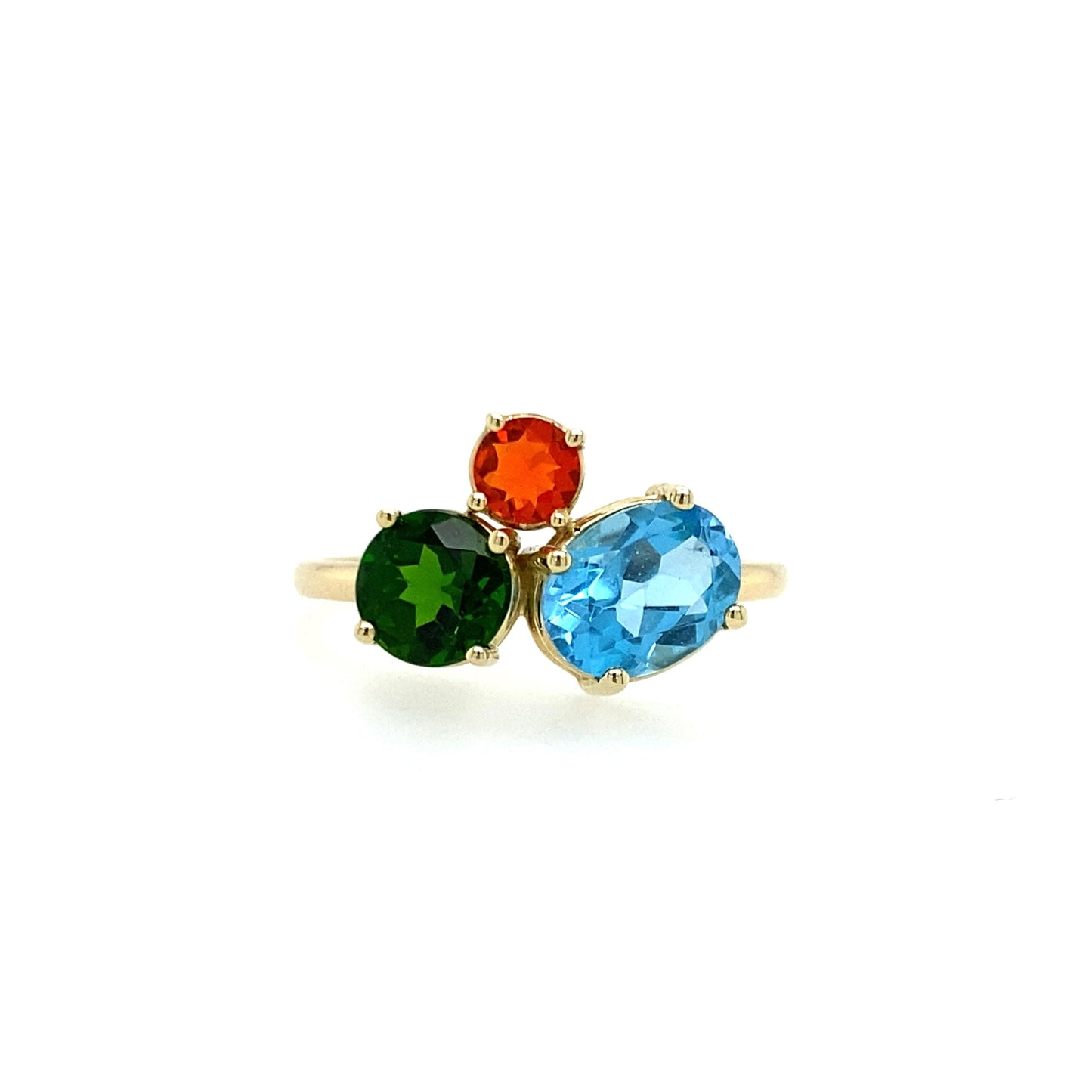 Mosaic ring Chrome Diopside, Fire Opal and Blue Topaz in 14k yellow gold