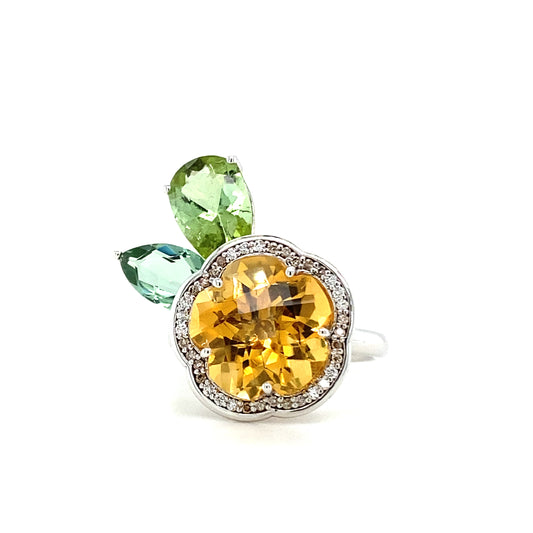 Unique flower ring set with Citrine, Green Tourmalines and Diamonds in White gold