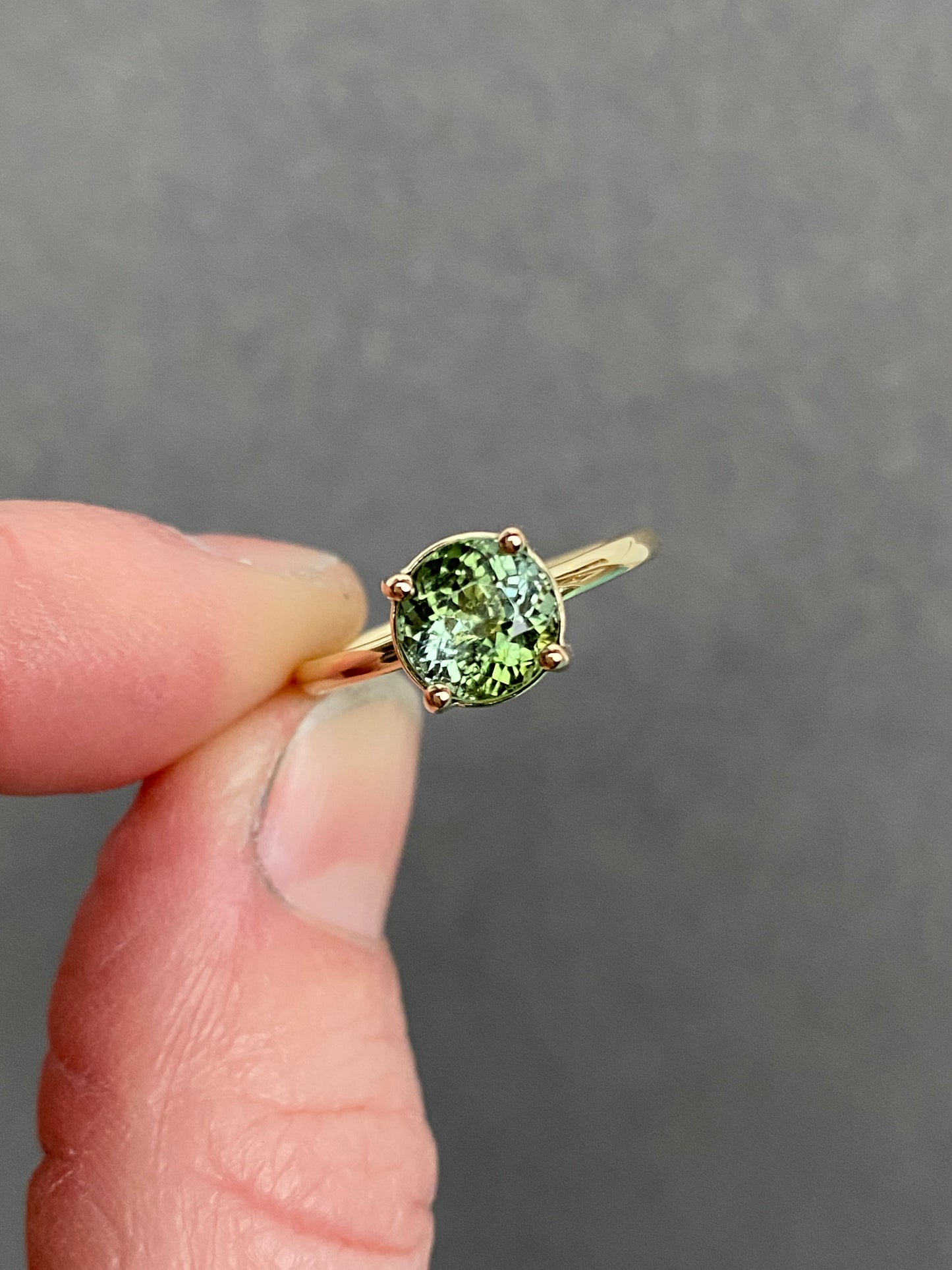 Stackable green tourmaline 14k yellow gold ring