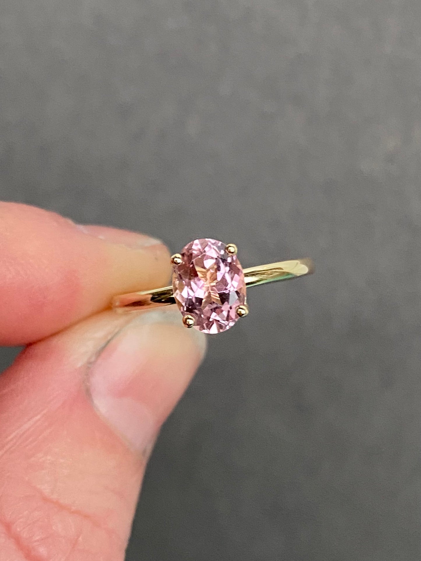 Stackable powder pink tourmaline in 14k yellow gold ring