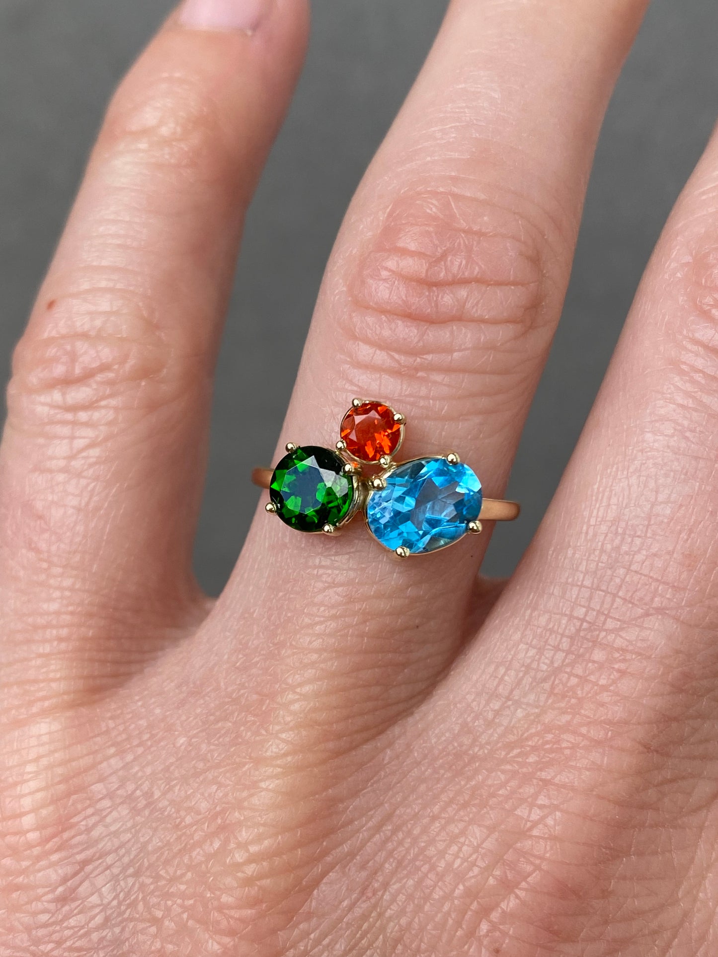 Mosaic ring Chrome Diopside, Fire Opal and Blue Topaz in 14k yellow gold