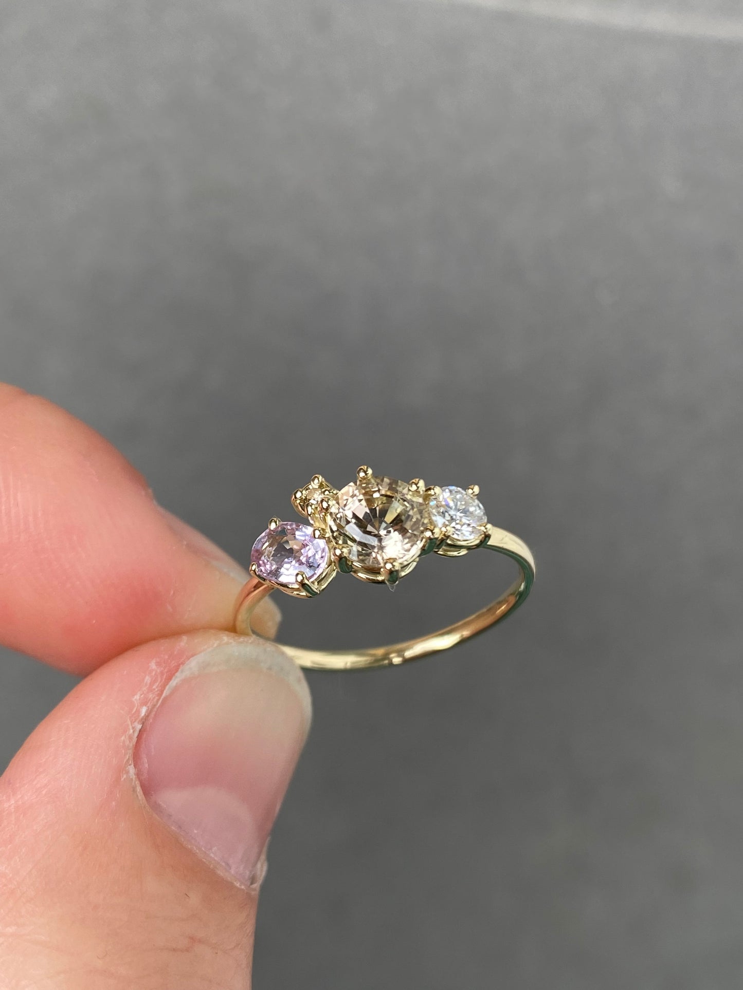 Mosaic ring with Diamond, Tourmaline and Pink sapphire in 14k yellow gold