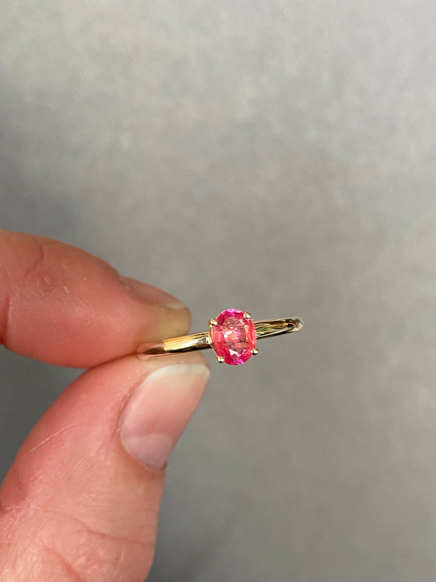 Stackable Padparadscha sapphire 14k yellow gold ring