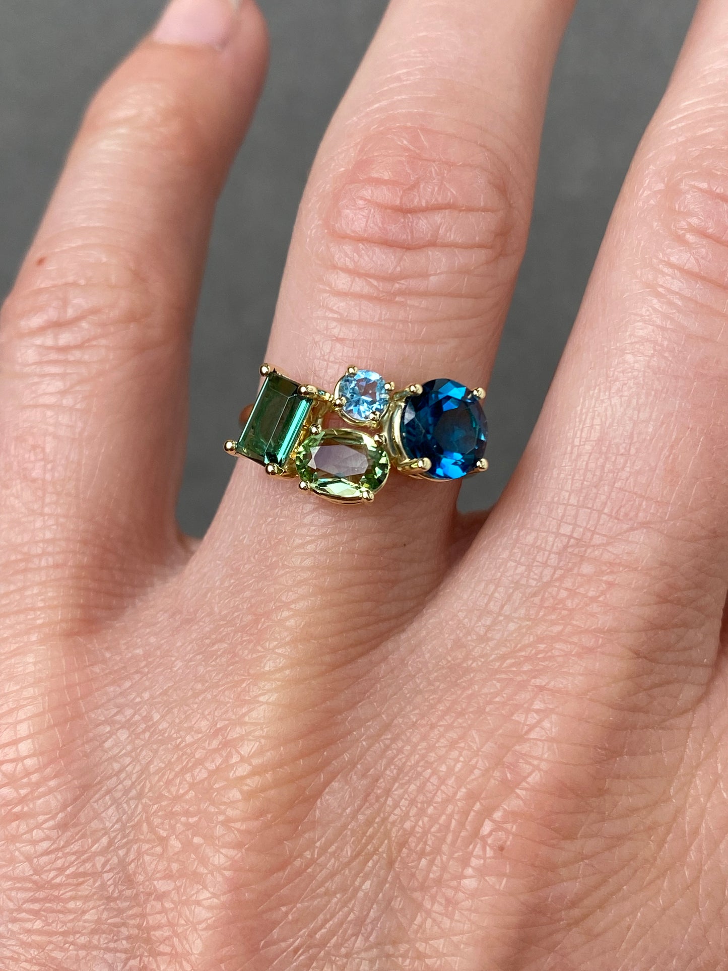 Mosaic ring Tourmaline and  Topaz in 14k yellow gold