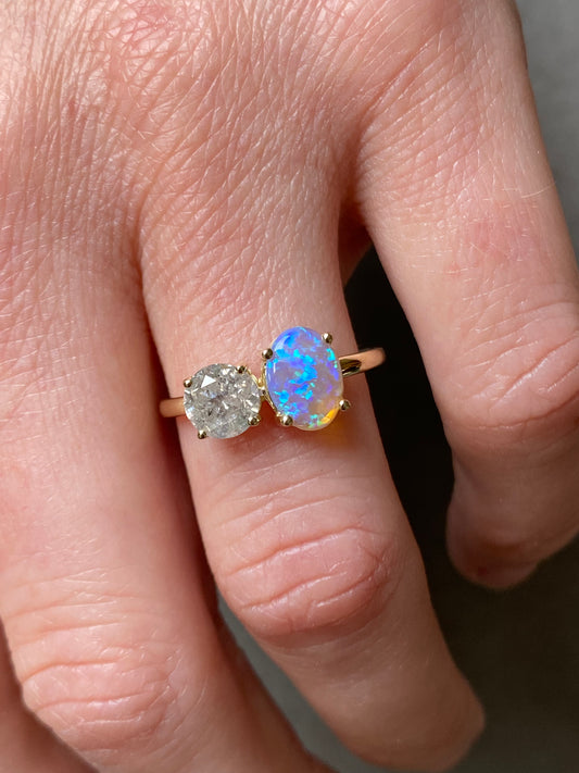 Toi et Moi ring Opaal en Diamant in 14k geelgoud 