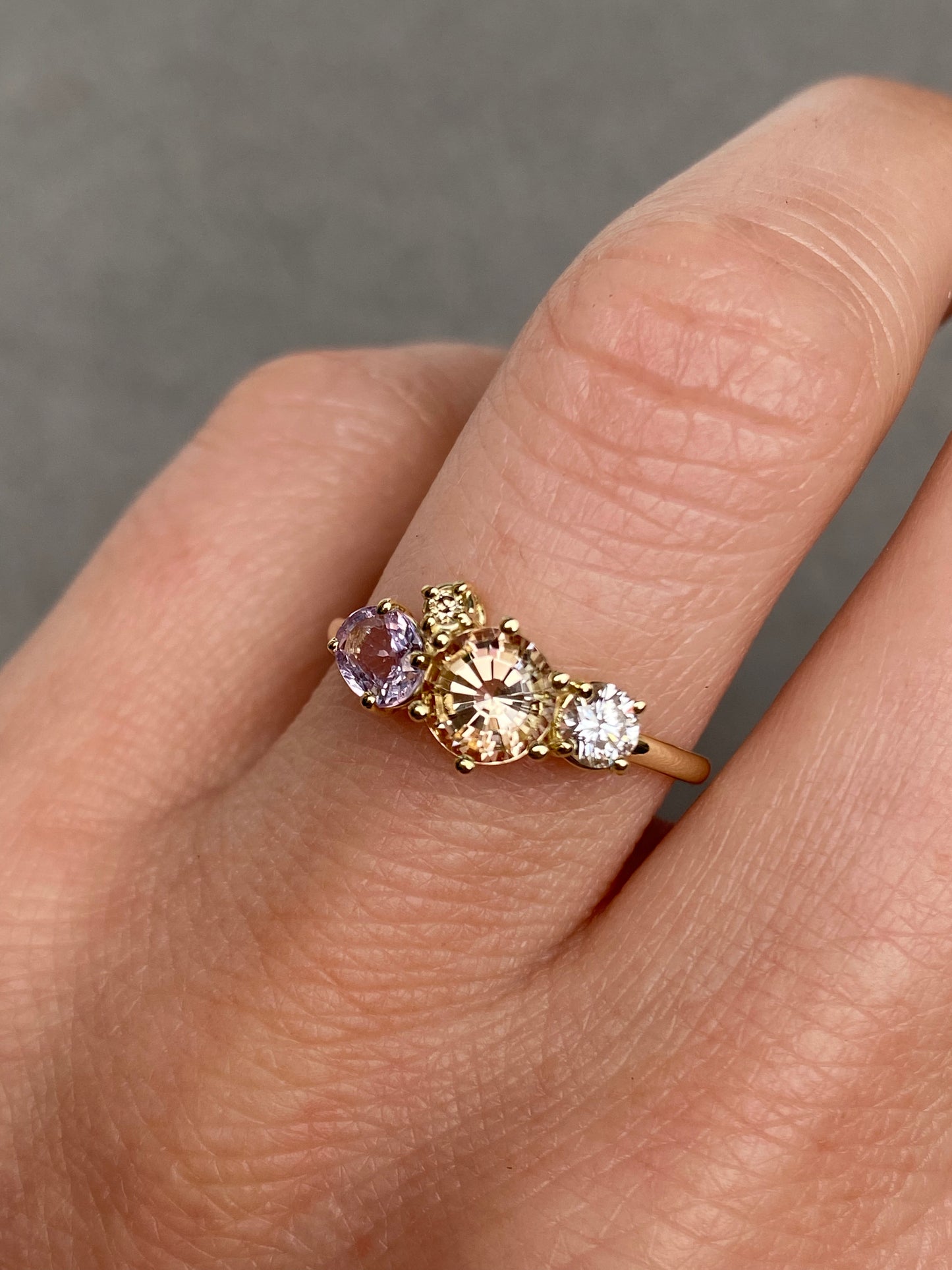 Mosaic ring with Diamond, Tourmaline and Pink sapphire in 14k yellow gold