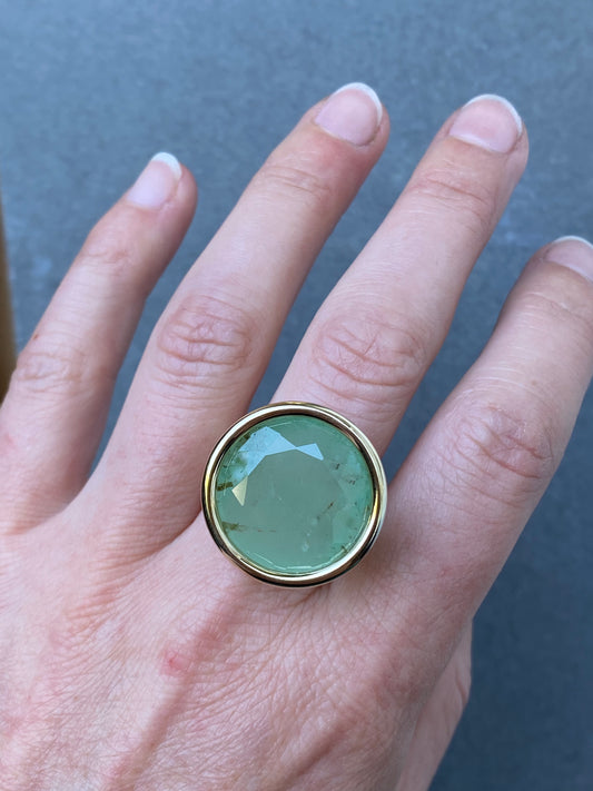 Ring with big mint green Emerald  in 14k yellow gold